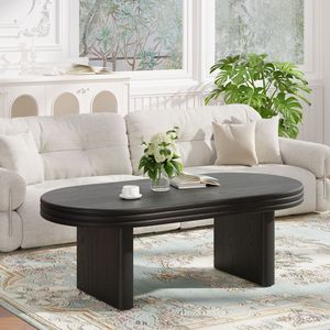 Tavolino da Caffè in Legno Stile Mid-Century Modern Farmhouse, Tavolo da Cocktail Ovale Scanalato per Soggiorno o Ufficio - Product Image 1