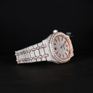 Montre-bracelet pour homme en acier inoxydable, personnalisée, entièrement sertie de moissanite, cadran à aiguilles, bicolore blanc et rose, style Hip Hop, pour le quotidien - Product Image 5