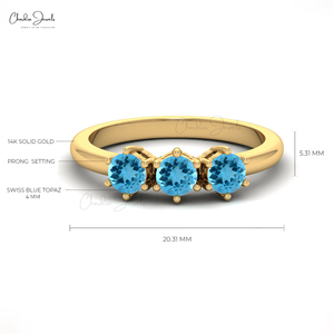 แหวนพลอยบลูโทแพซแท้ 4 มม. ฝังแบบ Prong-Set สามเม็ด ทองคำแท้ 14k สำหรับงานแต่งงานหรือวันครบรอบ  ขายส่งจากผู้ผลิต - Product Image 4