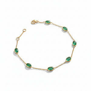 Natural Green Emerald Bezel Station <b>Bracelet</b> in Solid 18K Yellow Gold Round <b>Gemstone</b> Link Chain with Adjustable Clasp - Product Image 1