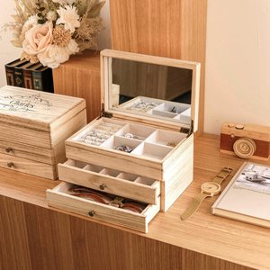Wood Jewelry Storage <b>Box</b> Carbonized Wooden <b>Keepsake</b> Case with Drawers and Velvet Pouch Custom Logo Gift <b>Box</b> - Product Image 2