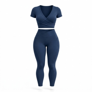Womens Navy Blue <b>Wrap</b> Front Yoga Set Short Sleeve Crop Top High Waist Leggings Fitness Gym Workout Activewear Two Piece - Product Image 1
