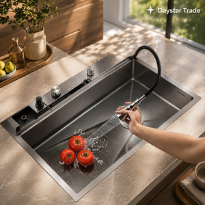 Évier de cuisine rectangulaire Daystar Trade en acier inoxydable brossé, fait main, personnalisé, moderne, à un seul bac, à quatre trous, à encastrer sous plan - Product Image 3
