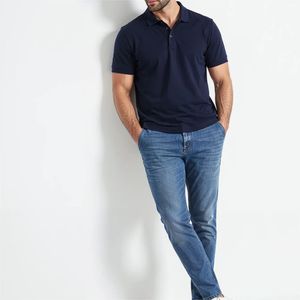 Polo de manga corta azul marino para hombre, de algodón piqué, color sólido, transpirable, estilo casual. - Product Image 1