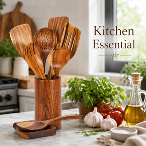 Juego de Utensilios de Cocina de Madera Hechos a Mano de Primera Calidad |   Cuchara de Cocina, Espátula, Cucharón, Utensilios para Servir con Soporte, Madera de Acacia Natural para Exportación - Product Image 4