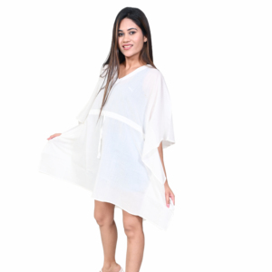 Vestido bohemio midi holgado de algodón blanco con cuello en V, hecho a mano, con capa transparente y manga corta, informal, para verano. - Product Image 2