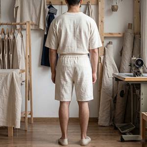 Conjunto de Dos Piezas para Hombre, Camiseta y Pantalones Cortos de Algodón Grueso y Transpirable, Estilo Urbano, con Apliques de Borde Crudo y Gráfico sin Rostro, Atuendo de Verano - Product Image 5