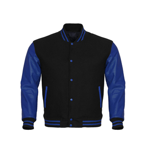 Veste universitaire noire pour homme avec blocs de couleur, manches en cuir PU bleu, boutons-pression, style baseball, veste de sport automne, vêtement d'extérieur tendance - Product Image 1