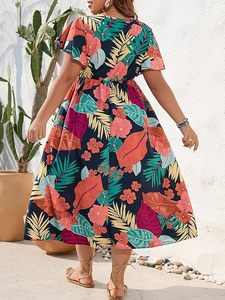 Women's Plus Size Boho Hawaiian Tropical Dresses V Neck Short Sleeve Floral A Line Long Dress Vacation Beach Outfits - Product Image 3