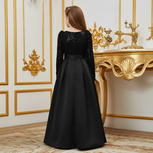 ชุดเดรสเด็กผู้หญิงหรูหราประดับเลื่อมสีดำ คอวี ผ้ากำมะหยี่ปักลาย สำหรับงานปาร์ตี้ ขายส่งจำนวนมาก ชุดเด็กสำหรับงานแต่งงานอย่างเป็นทางการ - Product Image 2