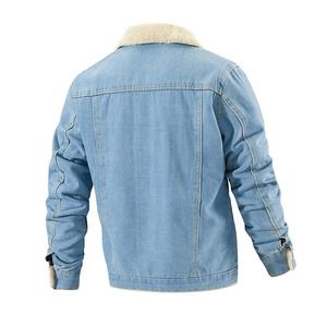 Trendy Light Wash Distressed Denim <b>Jacket</b> Cream <b>Shearling</b> Collar Ripped Casual Winter Coat Snap Button Custom Wholesale Supplier - Product Image 2