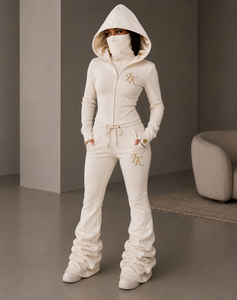 Custom Luxury Boutique Quality Embodied Women Flare <b>Tracksuit</b> Heavyweight Fleece Front Winter Trendy Hoodie Stacked Jogger Set - Product Image 2
