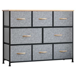 Comò a 8 cassetti grigio chiaro con struttura in acciaio e piano in legno, mobile in tessuto per camera da letto o soggiorno - Product Image 1