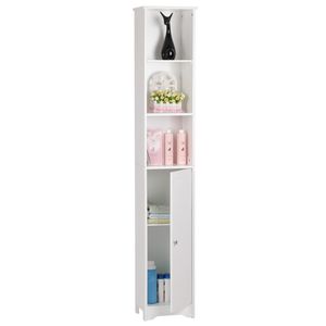 Mobile Bagno Moderno Bianco a Una Porta e Tre Ripiani, Soluzione Salvaspazio in MDF e Metallo per Casa o Hotel - Product Image 1