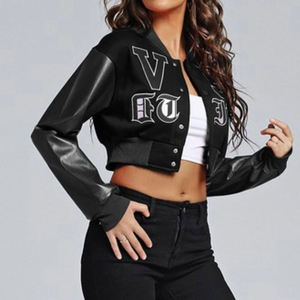 Women’s Varsity <b>Jacket</b> with Genuine Leather Sleeves Custom Wool Blend, <b>Patch</b> Embroidery, Breathable Short Fit - Product Image 1