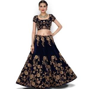 Lehenga Choli de Terciopelo Bordado con Dori Azul Clásico para Damas de Honor de Talla Grande - Product Image 4