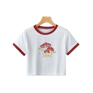 Top corto alto para mujer, camiseta de gran tamaño de algodón 100%, transpirable, informal, de tela lisa, cuello en contraste, con borde, Spandex, venta al por mayor, barata - Product Image 1