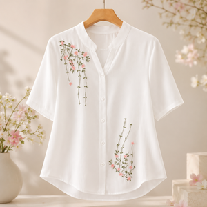 Blusa de Algodón Blanca para Mujer, Bordada, Manga Corta, con Botones, Estilo Casual, para Verano - Product Image 2