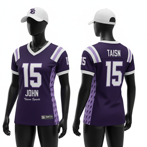 Maillot de football américain pour femme en polyester interlock 180 GSM de qualité supérieure, violet et blanc avec bandes sur les épaules, logo personnalisé par sublimation - Product Image 1