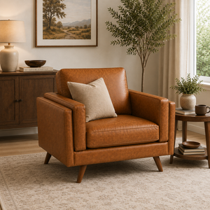 Sillón Moderno de Cuero Genuino, Estilo Mid-Century, con Patas de Madera Sólida para Sala de Estar, Salón, Hotel, Villa - Product Image 1