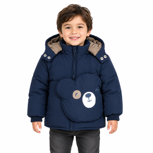 Premium Kids Quilted Hooded Puffer Winter Jacket <b>Cute</b> <b>Bear</b> Pocket Navy Blue Insulated Warm Coat Boys Girls 9 Years Outerwear - Product Image 1