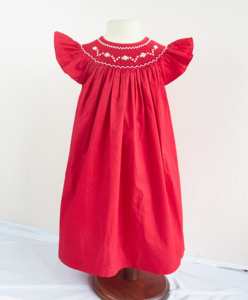 Robe rouge pour bébé avec manches bouffantes et smocks faits main |   Robe pour bébé brodée à la main avec smocks |   Vêtements pour bébés en gros OEM - Product Image 1