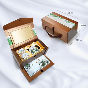 Service à thé en céramique moderne chinois motif Fleur de Tung, avec théière, tasses et plateau de service rectangulaire en porcelaine décorée, idéal pour cadeau d'affaires - Product Image 3