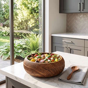 Ensemble d'ustensiles de cuisine artisanaux en bois de teck massif de qualité alimentaire, bol sculpté, plat, bassin texturé artisanal balinais, vaisselle de service - Product Image 2