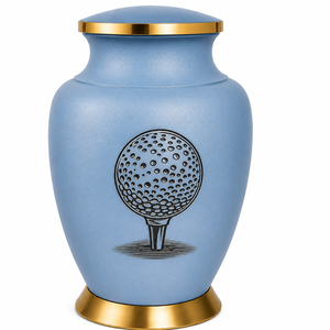 Magnifique urne funéraire bleu ciel avec un design de balle de golf et d'herbe gravé en profondeur de qualité supérieure et des élégants accents dorés - Product Image 2
