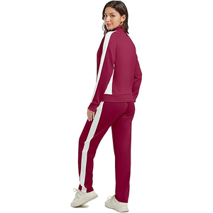 Chándal con cuello alto para mujer, mezcla de algodón y poliéster, diseño de bloques de color, chaqueta con cremallera completa, pantalones con rayas laterales - Product Image 3