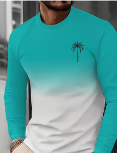 เสื้อยืดแขนยาวไล่เฉดสีสำหรับผู้ชาย แห้งเร็ว ลำลอง คอกลม โพลีเอสเตอร์ ลายต้นปาล์มด้านหน้า สำหรับฤดูร้อน - Product Image 3