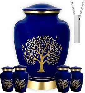 Urne funéraire en métal bleu pour cendres humaines adultes avec bande décorative dorée, grande urne élégante de style européen et sac en velours offert - Product Image 5