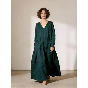 Women <b>Boho</b> Maxi <b>Dress</b> <b>Long</b> Sleeve Loose Oversized Casual Green Cotton Linen Full Length Maxi <b>Dress</b> - Product Image 1