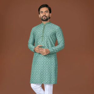 Kurta Tradicional de Algodón Premium para Hombre, Sin Arrugas, con Bordado Lucknowi y Estampado Digital, para Bodas y Festividades Diwali - Product Image 1