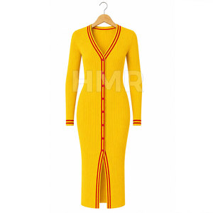 Robe cardigan tricotée jaune à manches longues et col en V HMR Sorority Sisterhood avec bordure rouge et fermeture boutonnée, fente avant - Product Image 5