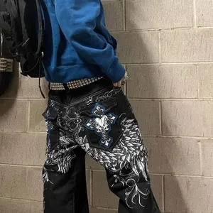 Wholesale Custom Mens Regular Wide Leg Solid Hip Hop <b>Y2K</b> Gothic Wing Cross Embroidered Black Denim Streetwear Trousers - Product Image 5