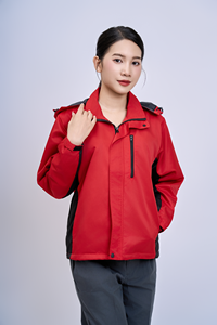 Imperméable Respirant Séchage Rapide Unisexe 100% Polyester Solide ROUGE-NOIR Coque Rigide Coupe-Vent Isolation Thermique Fine Fermeture Éclair à Capuche - Product Image 5