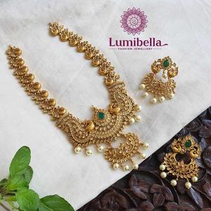 Peacock Engraved Women's Orthodox Wedding Necklace with American Round Brilliant Cut Diamond Embellishment Gold Plated - Product Image 1