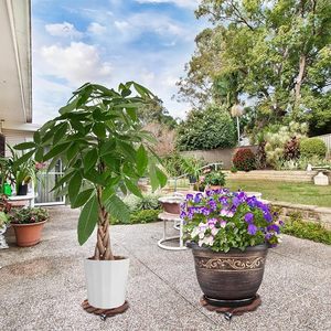 Support de plantes rond en bois avec roulettes verrouillables, support de plantes roulant robuste pour pots de fleurs d'intérieur et d'extérieur, bois rustique - Product Image 3
