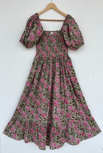 Women Green Pink Floral Print Maxi <b>Dress</b> Smocked Bodice Short Sleeve <b>Boho</b> <b>Summer</b> <b>Dress</b> 100% Cotton Ladies Casual Wear - Product Image 1