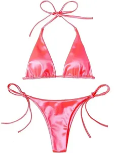 Ensemble bikini sexy pour femme, haut triangle à nouer, bas string, deux pièces, couleur unie, extensible, séchage rapide, plissé, maillot de bain pour vacances à la plage - Product Image 2