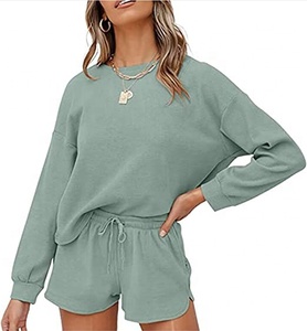 Ensemble décontracté d'été pour femme, t-shirt à manches longues et col rond uni, short respirant 100% coton, deux pièces - Product Image 6