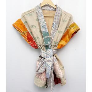 Chaqueta Acolchada de Retazos para Mujer, Cuello en V, Manga Corta, Algodón Vintage Kantha, Informal, para Primavera, Suave, Estampada a Mano, Reversible - Product Image 1