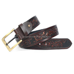 Ceinture de cowboy unisexe classique en cuir véritable de qualité supérieure, multi-designs, avec boucle en laiton réglable. - Product Image 1