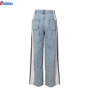 Pantalones Vaqueros con Rayas Laterales y Logotipo Personalizado para Mujer, Ropa de Moda, Pantalones de Pierna Ancha con Parches y Cintura Alta, Pantalones Rectos de Mezclilla - Product Image 2