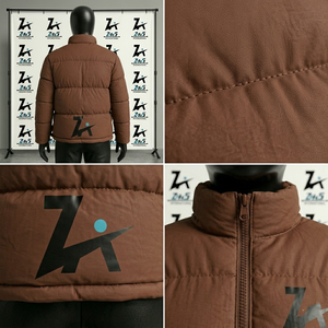 Men's Brown Canvas Puffer <b>Jacket</b> Windproof Zipper Closure Winter Coat Solid Color Thick Stand Collar Regular Fit Front Logo - Product Image 6