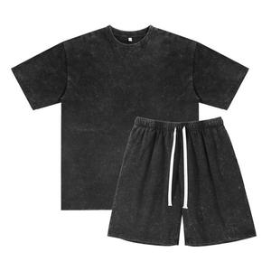 Ensemble T-shirt et short en coton écologique pour homme, col rond, couleur unie, décontracté, tricoté, streetwear d'été avec cordon de serrage - Product Image 2