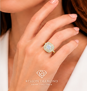 Premium cushion cut diamond engagement ring double halo round lab grown diamonds pavé band brilliance timeless luxury jewelry - Product Image 6