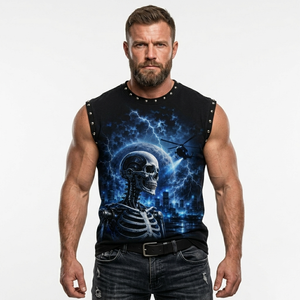 Camiseta sin mangas negra personalizada con cuello con tachuelas, 100% algodón, estilo urbano, estampado gráfico de calavera de ciencia ficción, top de verano - Product Image 3