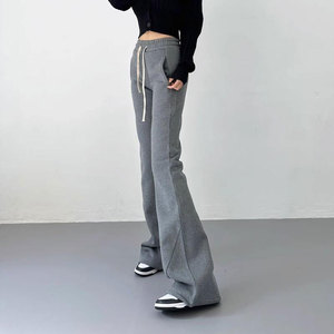 Women <b>Drawstring</b> Mid Waist Regular Fit Flared Fleece 100% Cotton Breathable Streetwear Athletic <b>Trousers</b> - Product Image 5